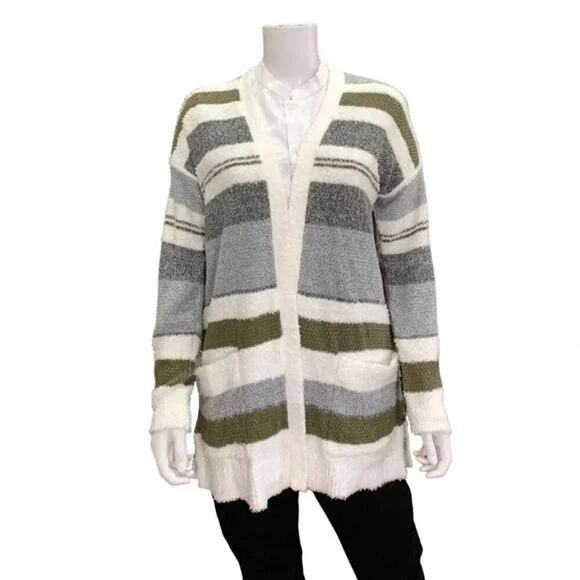 3004 NWOT Pink Clover Millicent Long Sleeve Cardigan Gray White Stripped Small - Picture 1 of 2